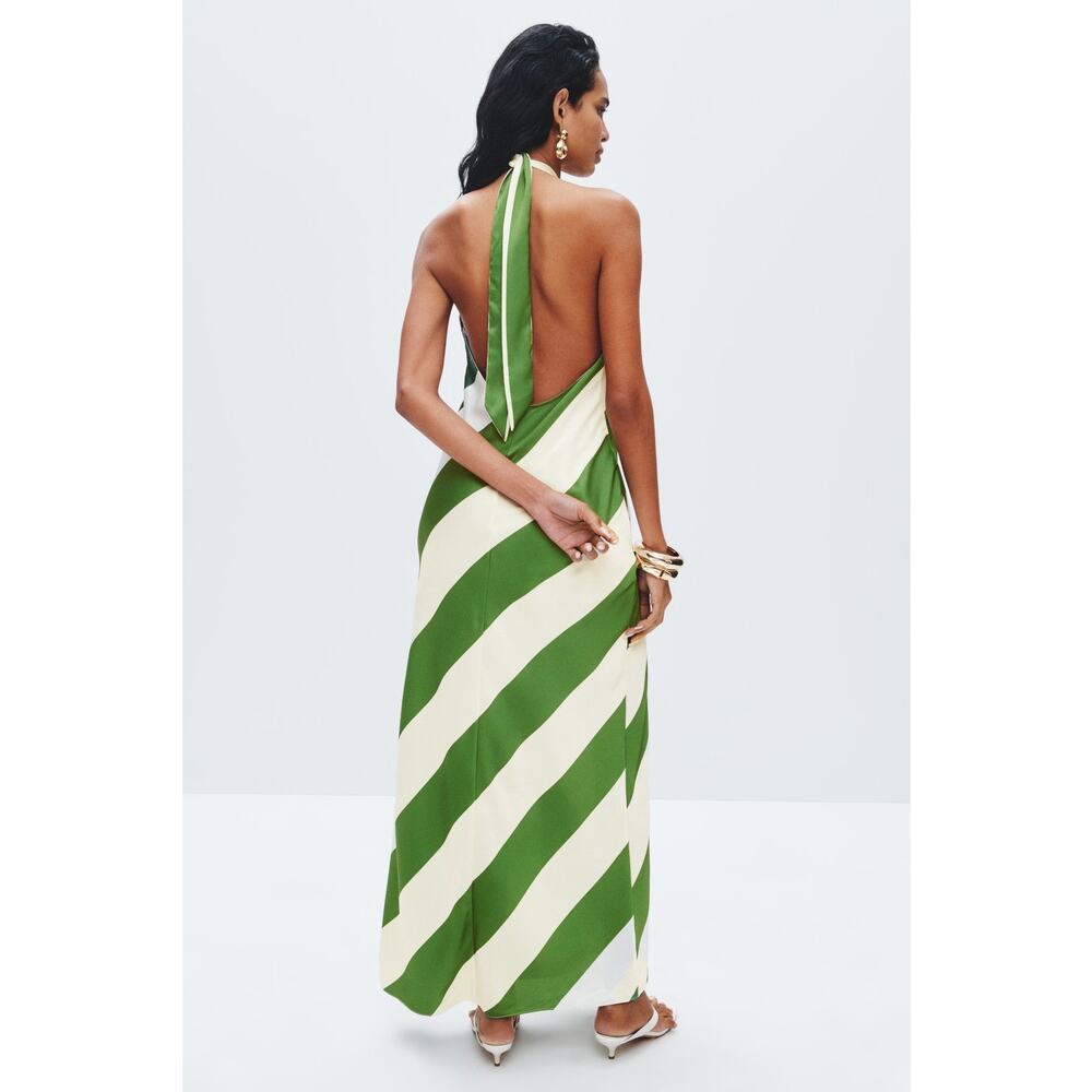 Ronny Kobo M Green White Striped Sleeveless Halter Tie Neck Backless Maxi Dress - Picture 2 of 8
